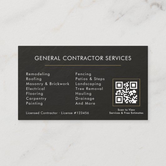 Carte De Visite General Construction Slate Stone.Black QR Code (Dos)