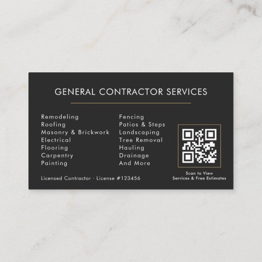 Carte De Visite General Contractor Black Gold QR Code (Dos)
