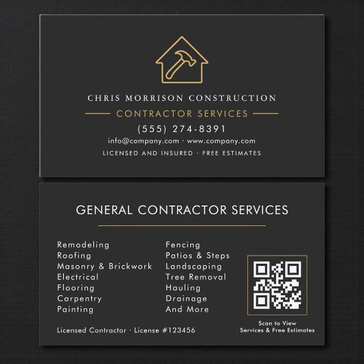 Carte De Visite General Contractor Black Gold QR Code