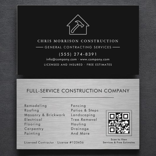 Carte De Visite General Contractor Metallic Industrial QR Code