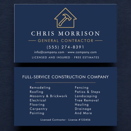 Carte De Visite General Contractor Navy Blue Gold