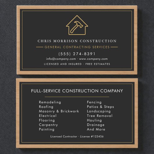 Carte De Visite General Contractor Wood Black & Gold