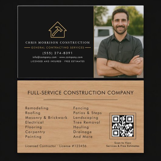 Carte De Visite General Contractor Wood Photo QR Code