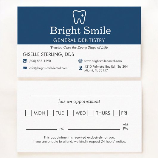 Carte De Visite General Dentistry Office Appointment Reminder  