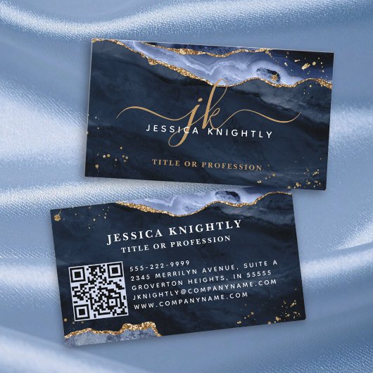 Carte De Visite Géode Agate Bleu Monogramme Gold Script