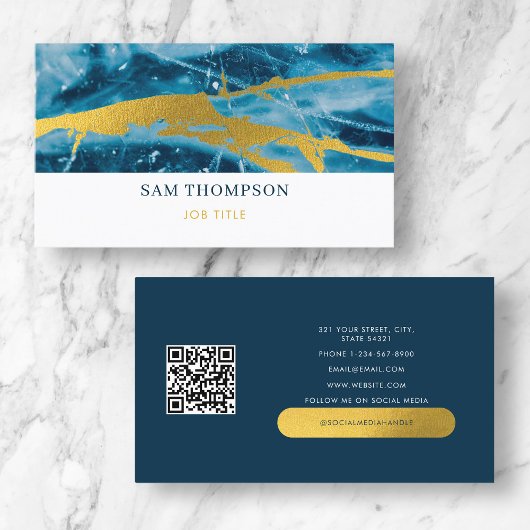 Carte De Visite Géode Agate Blue Gold Social Media QR Code