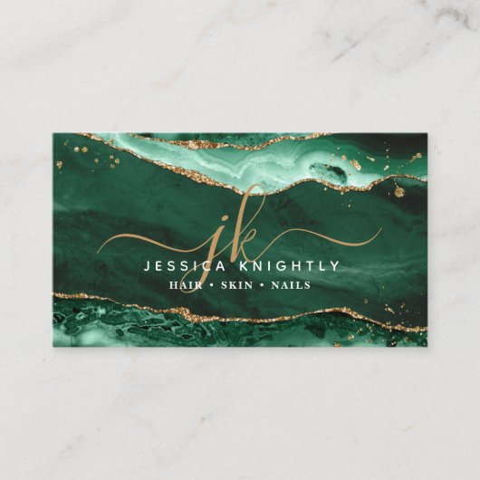 Carte De Visite Géode Agate Vert Monogramme Gold Script (Devant)