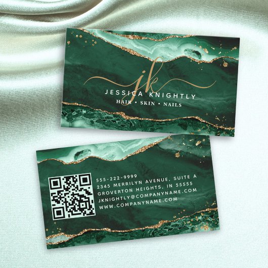 Carte De Visite Géode Agate Vert Monogramme Gold Script