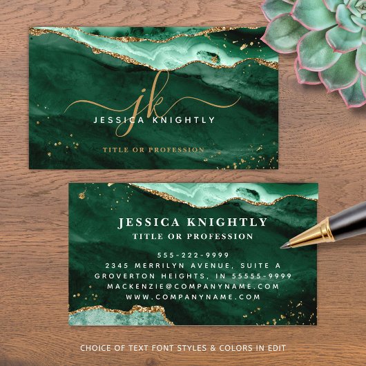 Carte De Visite Géode Agate Vert Monogramme Gold Script