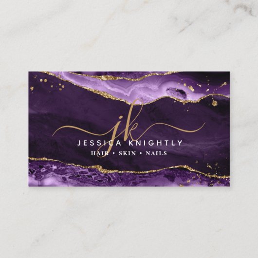 Carte De Visite Géode d'agate violet Monogramme Gold Script (Devant)