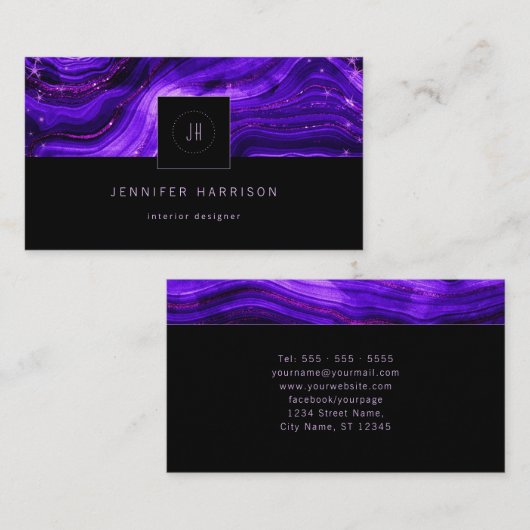 Carte De Visite Géode Monogramme violet noir Abstrait moderne (Devant / Derrière)
