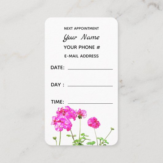 Carte De Visite Géraniums de rougissement, prochain rendez-vous de (Dos)