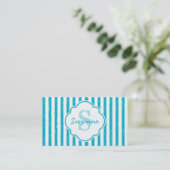 Carte De Visite Girly Turquoise Peint Stripes Monogramme et nom (Debout devant)