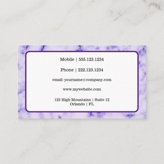 Carte De Visite Glam en marbre violet or & Parties scintillant (Dos)