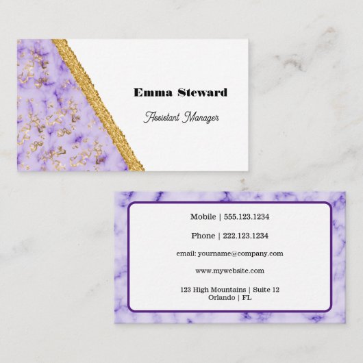 Carte De Visite Glam en marbre violet or & Parties scintillant (Devant / Derrière)