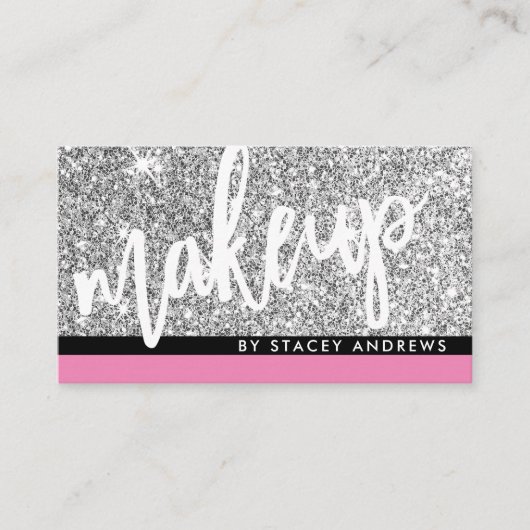 Carte De Visite GLAM MAKEUP brush script argent parties scintillan (Devant)