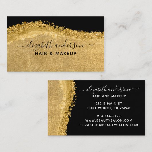Carte de visite Glam moderne Script Black Gold (Devant / Derrière)