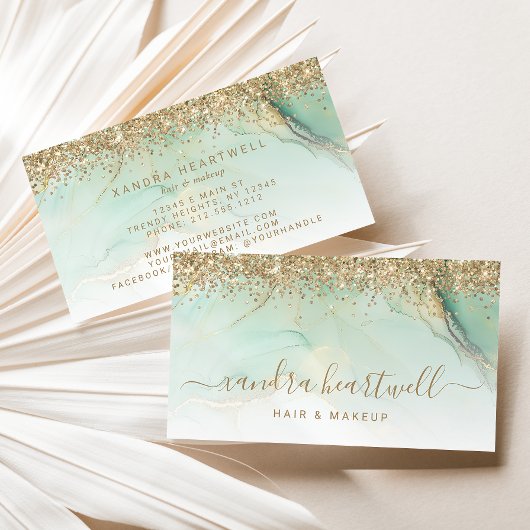 Carte De Visite Glam Or Vert Marbre Paillettes Script