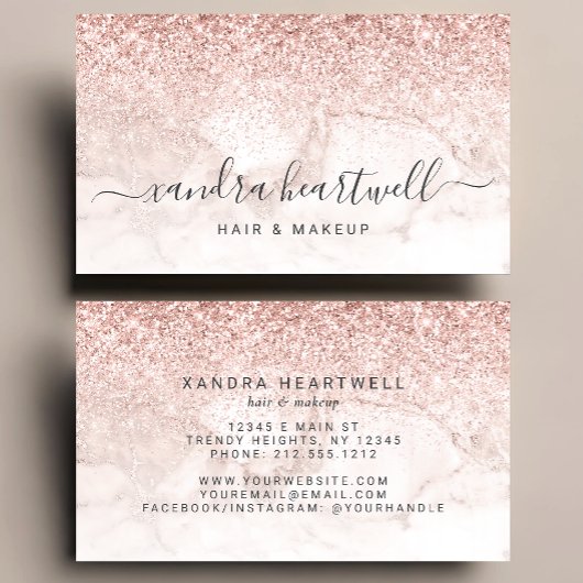 Carte De Visite Glam Rose Gold Blush Marble Glitter Script