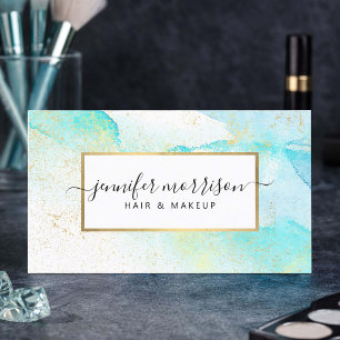 Carte De Visite Glam Script Aqua Blue Aquarelle Faux Gold Dust