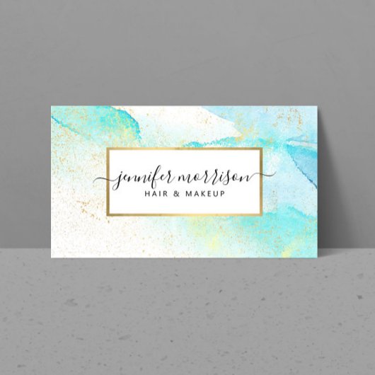 Carte De Visite Glam Script Aqua Blue Aquarelle Faux Gold Dust