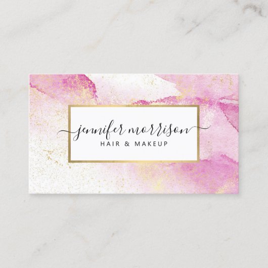 Carte De Visite Glam Script Aquarelle rose avec Poussière Or Faux (Devant)