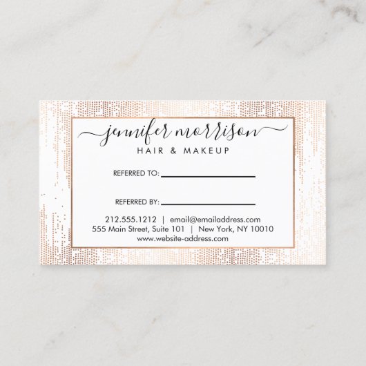 Carte De Visite Glam Script Rose Gold Confetti Pluie Référence (Dos)