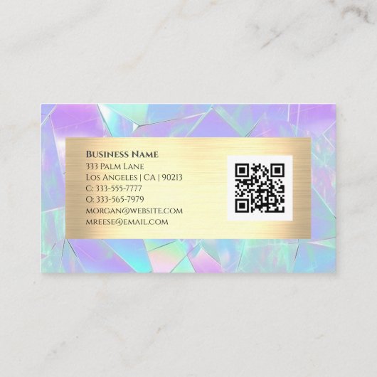 Carte De Visite Glam Turquoise & Purple Iridescente, Gold, QR Code (Dos)