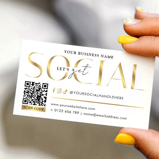 Carte De Visite Glam White & Gold Let's Get Social Media QR Code