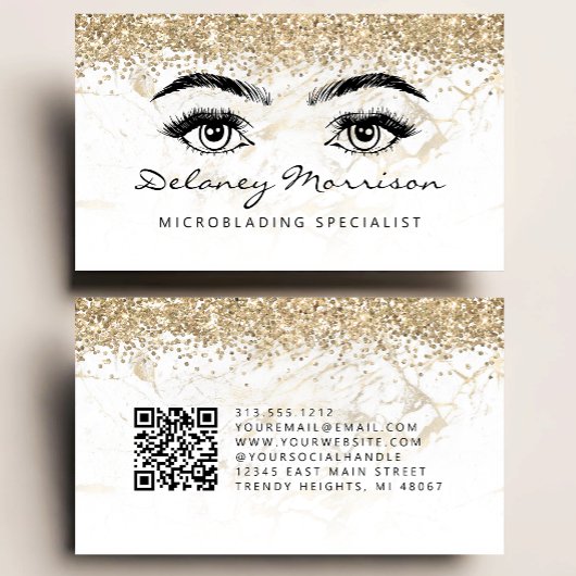 Carte De Visite Glam White Gold Marble Eyes QR Code Microblading