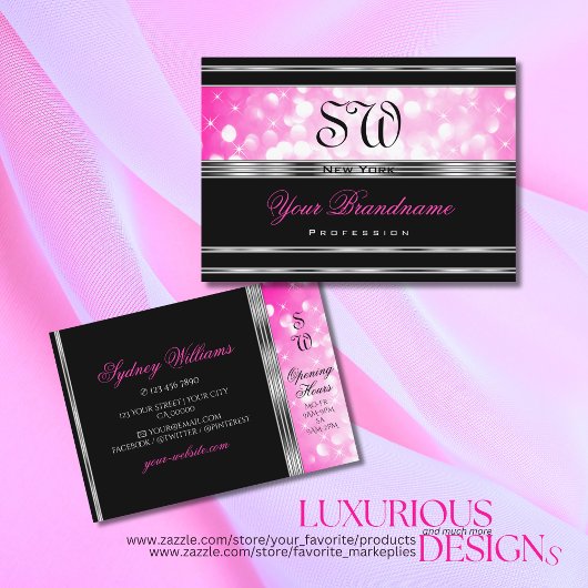 Carte De Visite Glamorous Black Girly Pink Glitter Initials
