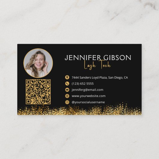 Carte De Visite Glamorous Black & Gold Lash Tech QR Code  (Dos)