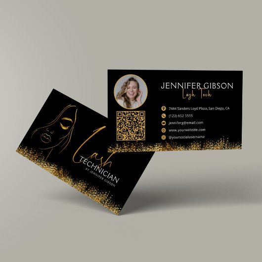 Carte De Visite Glamorous Black & Gold Lash Tech QR Code 