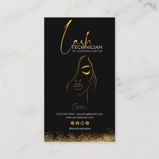 Carte De Visite Glamorous Gold & Black Lash Tech QR Code (Devant)