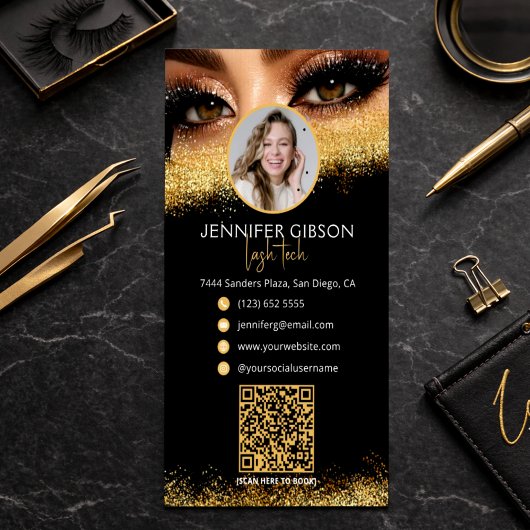 Carte De Visite Glamorous Gold & Black Lash Tech QR Code