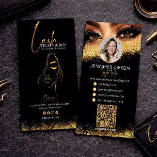 Carte De Visite Glamorous Gold & Black Lash Tech QR Code 