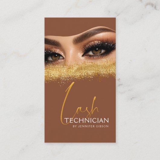 Carte De Visite Glamorous Gold & Brown Lash Tech QR Code  (Devant)
