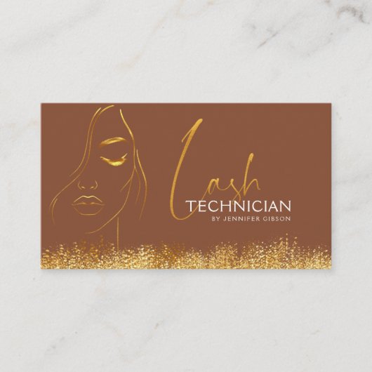 Carte De Visite Glamorous Gold & Brown Lash Tech QR Code  (Devant)