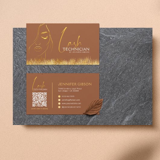 Carte De Visite Glamorous Gold & Brown Lash Tech QR Code 