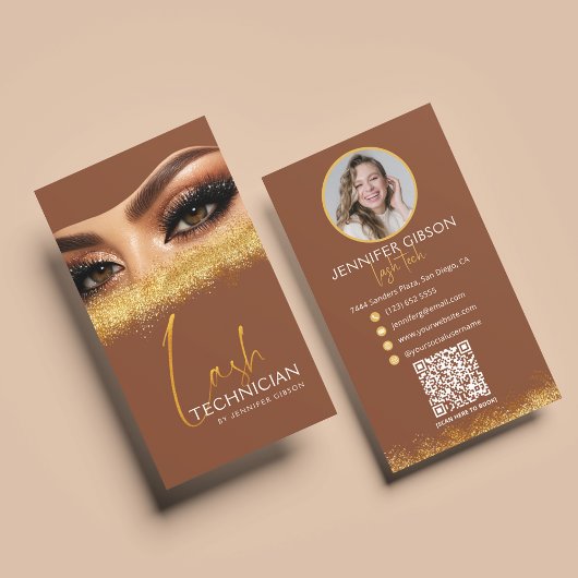 Carte De Visite Glamorous Gold & Brown Lash Tech QR Code 