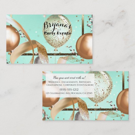 Carte De Visite Gold Balloons Mint Turquoise Party (Devant / Derrière)