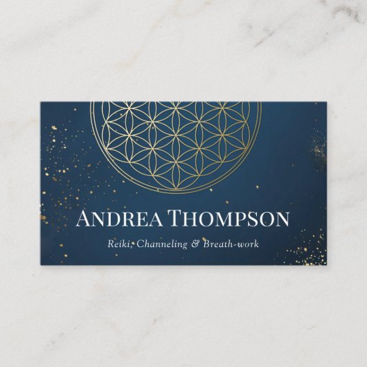 Carte De Visite Gold & Blue Flower of life, Reiki, Canalisation (Devant)
