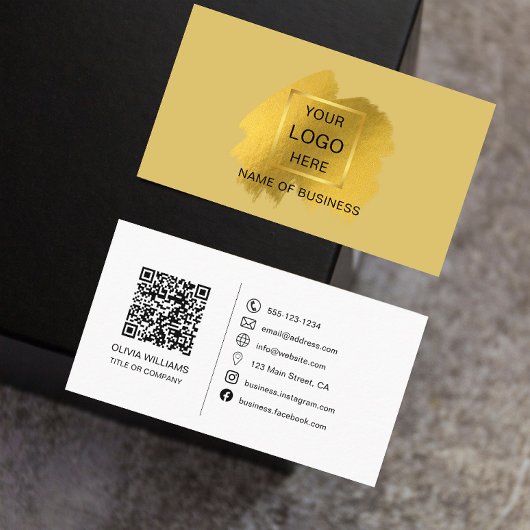 Carte De Visite Gold Brush Stroke QR code & Social Media Icon Bus