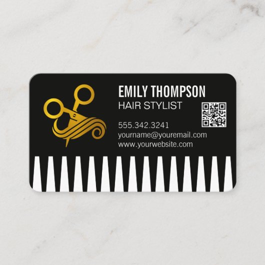 Carte De Visite Gold Comb | Hair Stylist | QR Code (Devant)