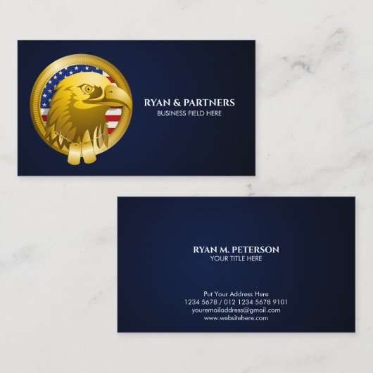 Carte De Visite Gold Crest Eagle Emblem USA Flag | Dark Blue (Devant / Derrière)