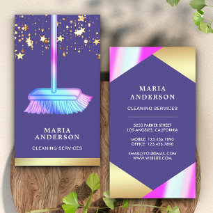 Carte De Visite Gold Foil Confetti Purple Broom Cleaning Services