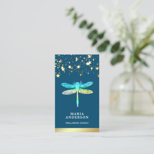 Carte De Visite Gold Foil Stars Confetti Blue Dragonfly (Debout devant)