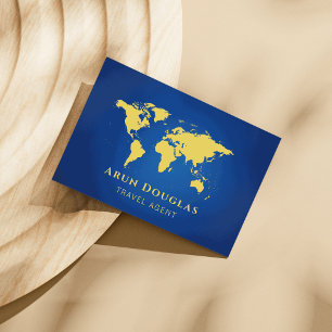 Carte De Visite Gold Foil World Map Navy Blue Travel Agent