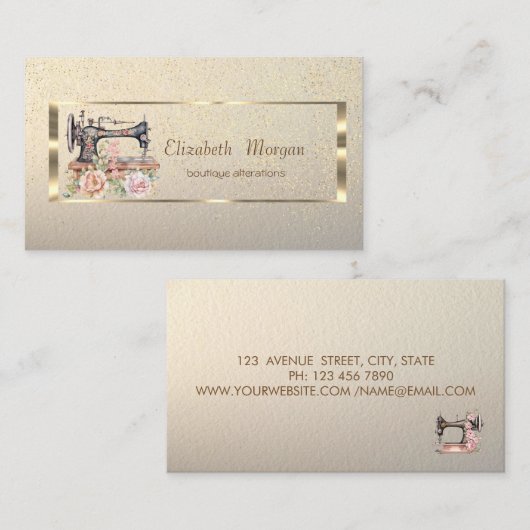 Carte De Visite Gold Frame,Confetti Floral Sewing Machine (Devant / Derrière)