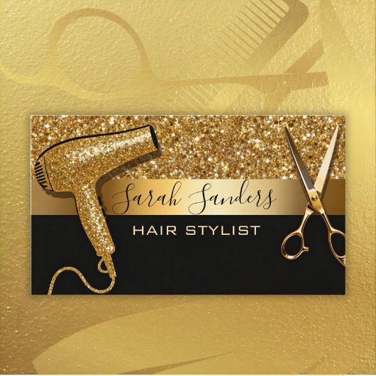 Carte De Visite Gold Glitter & Black Glam Hair Stylist 